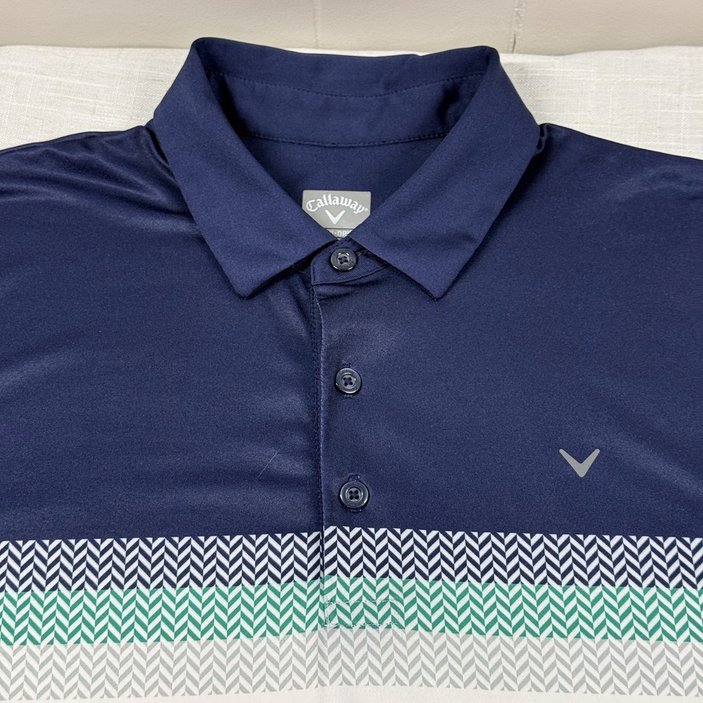 Callaway Opti-Dri Mens Golf Polo Shirt L Chevron Colorblock Navy Green White